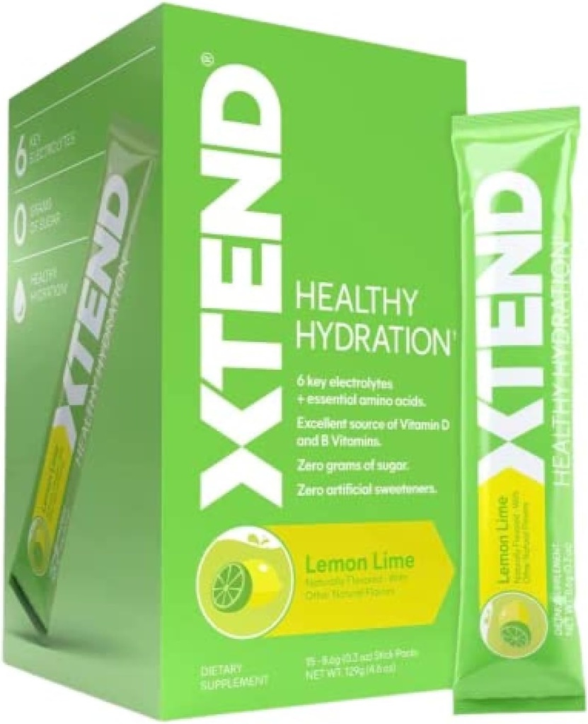XTEND Healthy Hydration Lemon Lime | Zero Sugar Superior Hydration Powder Packets | 6 Key Electrolytes Drink Mix | Essential Amino Acids | NSF Certified for Sport | 15 Sticks