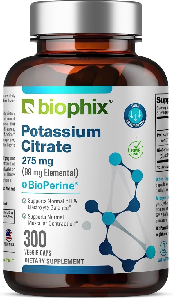 biophix Potassium Citrate 275 mg with BioPerine 300 Veggie Capsules - Supports Electrolyte Balance, Nerve., Muscle Function and Heart Health