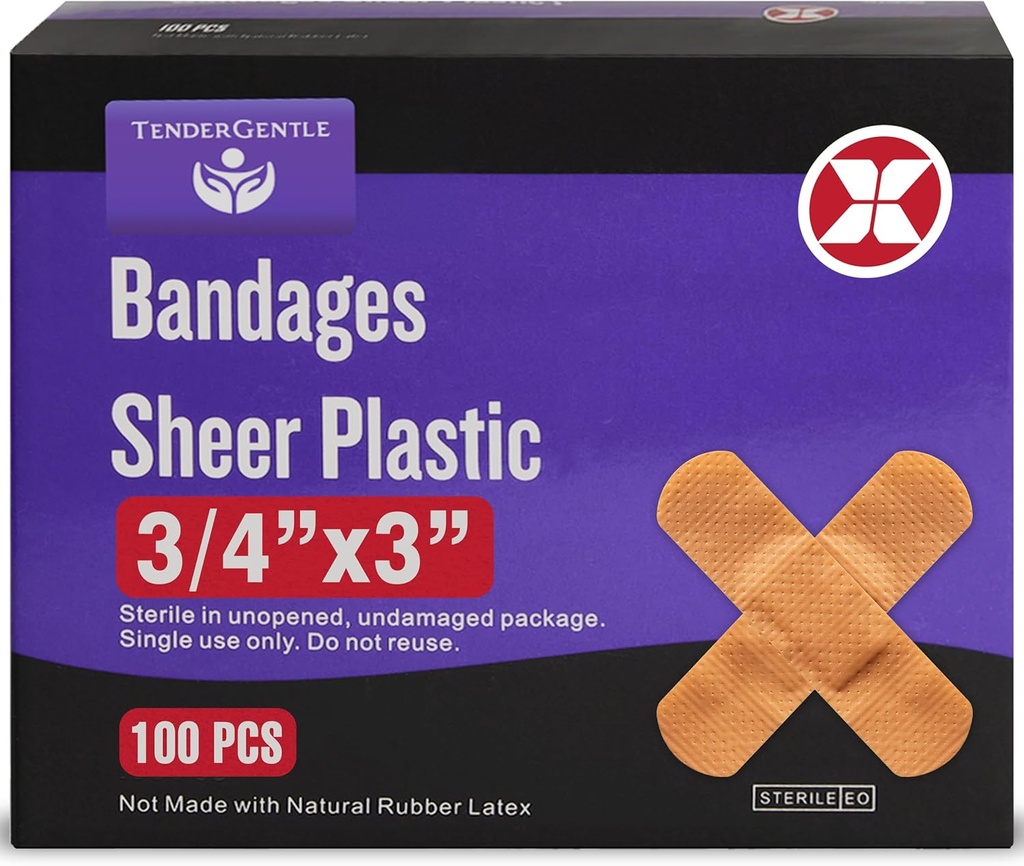 Adhesive Bandage - Box of 100 3/4" Flexible Sheer Plastic Bandages for Cuts, Scrapes, Burns - Latex Free, Sterile Small Bandages