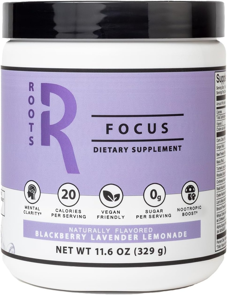 Roots Focus Nootropic Brain Supplement - BlackBerry Lavender Lemonade, Blend of Lion's Mane, Cordyceps, & Reishi Functional Mushrooms + Extended-Release Caffeine, 50 Servings