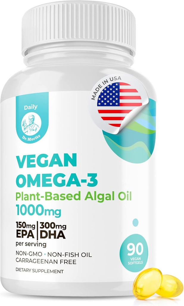 DR. MORITZ Vegan Omega-3 Softgels for Adults and Kids, Made from Algae Oil with DHA EPA, Small Algae Omega 3 Supplements, Vegan, 90 Count