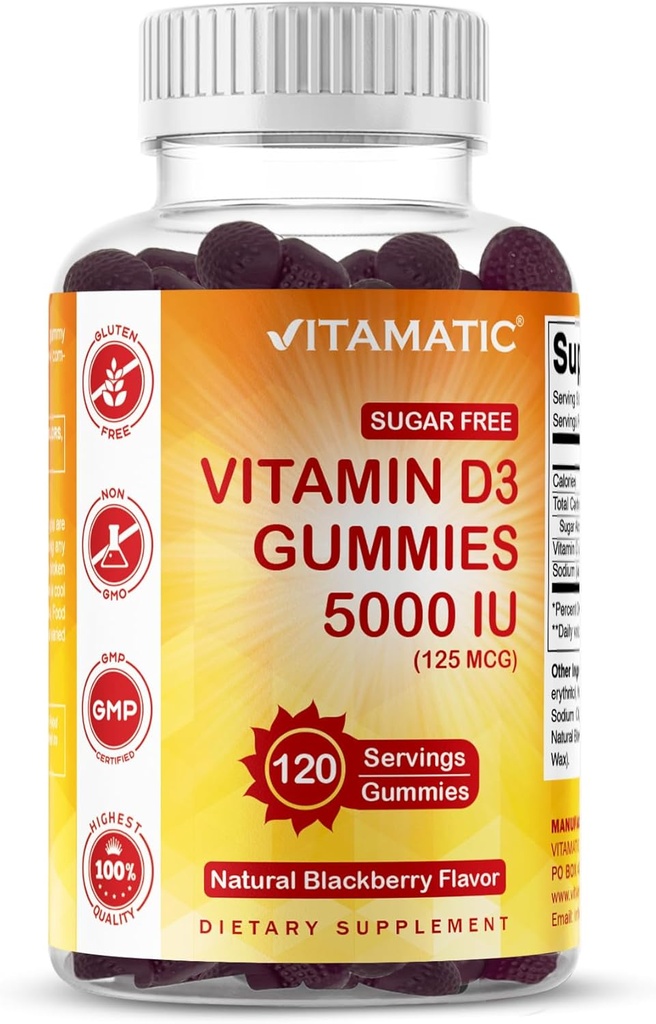 Vitamatic Sugar Free Vitamin D3 5000 IU - 120 Gummies - Great Taste - Healthy Bones, Mood & Immune System Function - Non-GMO - 120 Servings (5000 IU)