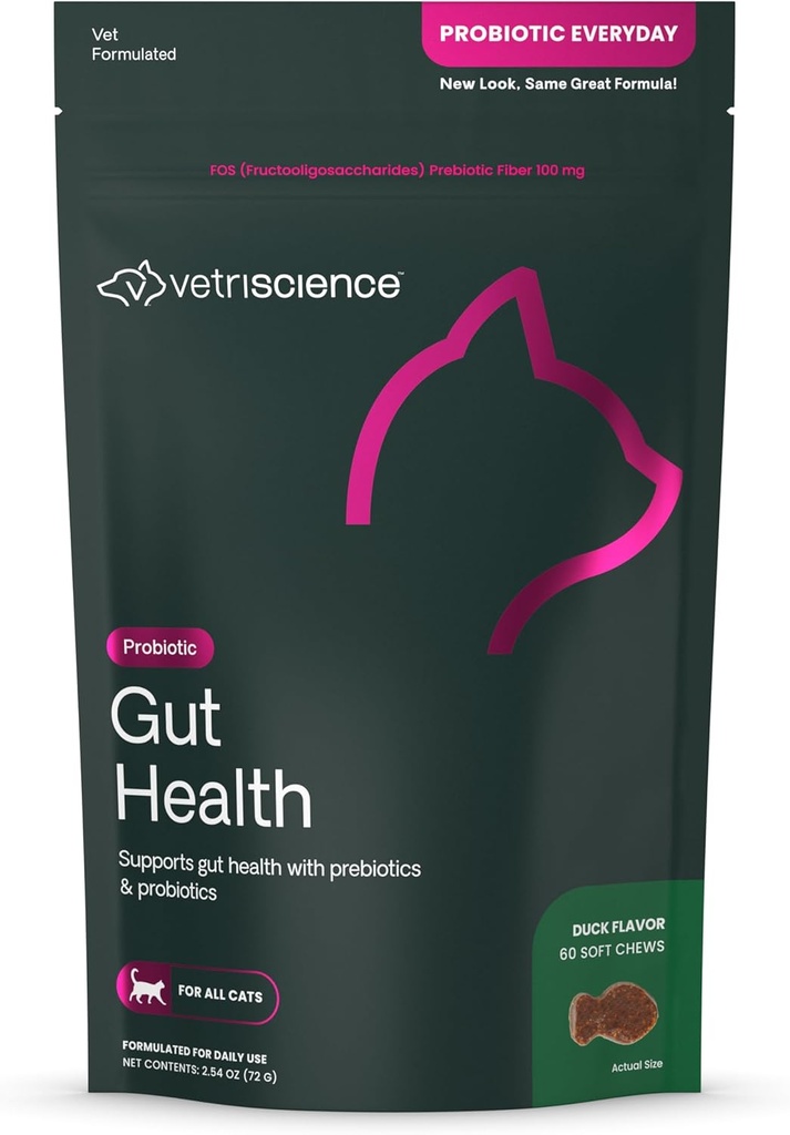 VetriScience Gut Health Chews, Probiotic Everyday Digestive Supplement for Cats, Pet Probiotics for Digestion Support, Gas and Diarrhea, Immune Support, 120 Million CFU Per Chew, Duck, 60 Count