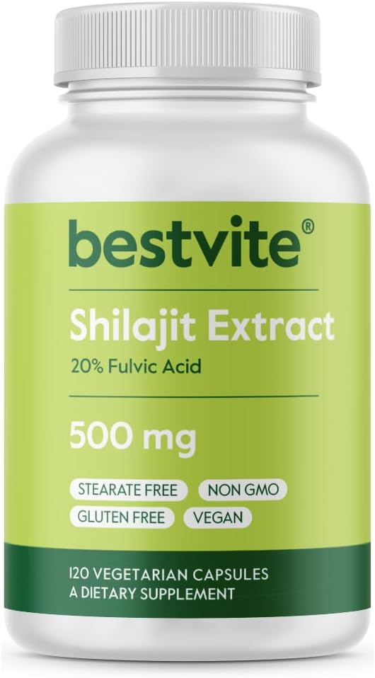 BESTVITE Pure Shilajit Extract 500mg (120 Vegetarian Capsules) - No Stearates - Vegan - Non GMO - Gluten Free - Standardized to 20% Fulvic Acid