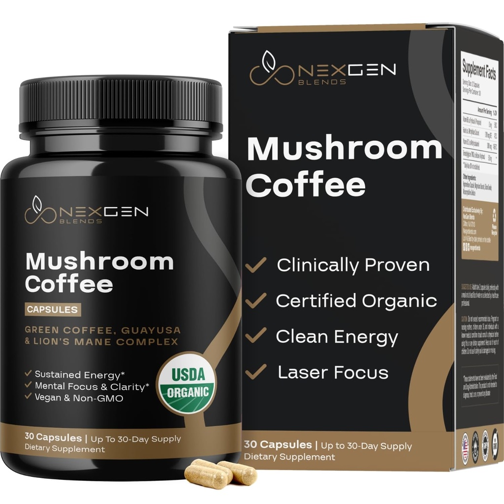 100% Organic Mushroom Coffee Capsules - Natural Energy Supplement with 130mg Caffeine from Clinically Proven Patented Green Coffee Bean & Guayusa Extracts for Jitter-Free Energy & Focus (30 Servings)