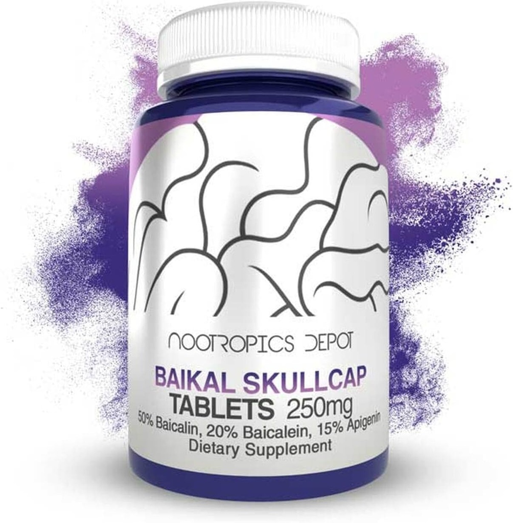 Nootropics Depot Baikal Skullcap Extract Tablets | 250mg | 60 Count | >15% Apigenin, >20% Baicalein, >50% Baicalin