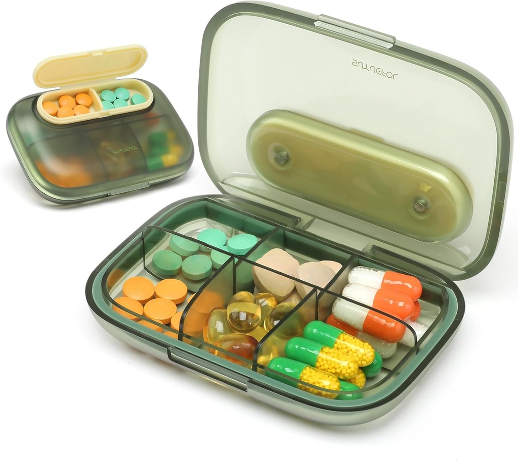 Toplive 6 Compartments Small Pill Case Travel Pill Organizer Pocket Medication Travel Case Portable Small Pill Container with Magnet Light-Proof Mini Pill Box, Green