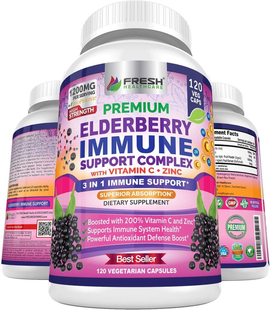 FRESH HEALTHCARE Elderberry Capsules - High Potency Black Elderberry with Zinc & Vitamin C - Premium 3-in-1 Immune Support Vitamins for Adults