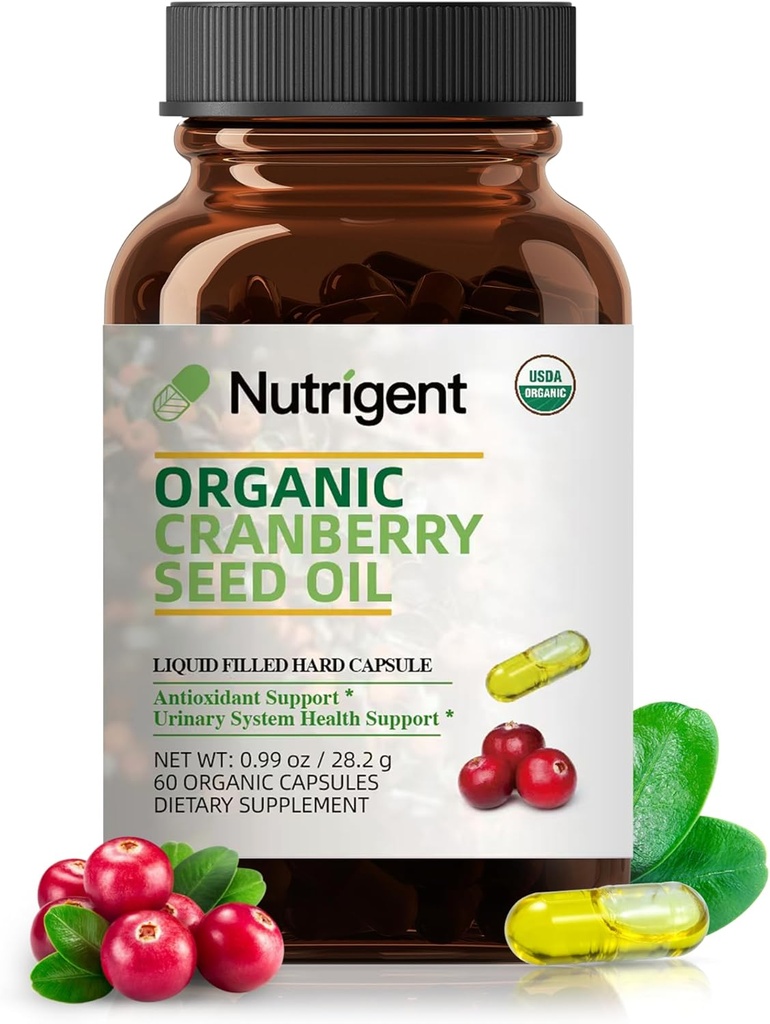 [BRSRAFT4PJ5WGGTJ] USDA Organic 100% Pure Cranberry Seed Oil 940 mg, Plant Sourced Omega 3-6-9 Fatty Acids, Liquid Organic Capsules, Urinary Health & Skin Health Support, 60 Capsules