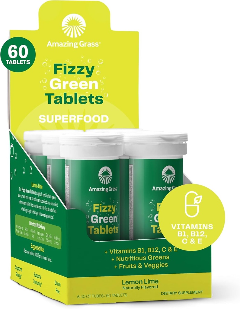 Amazing Grass Effervescent Tablets: Green Superfood Water Flavoring Tablet with Antioxidants & Alkalizing Greens, Lemon Lime, 60 Count