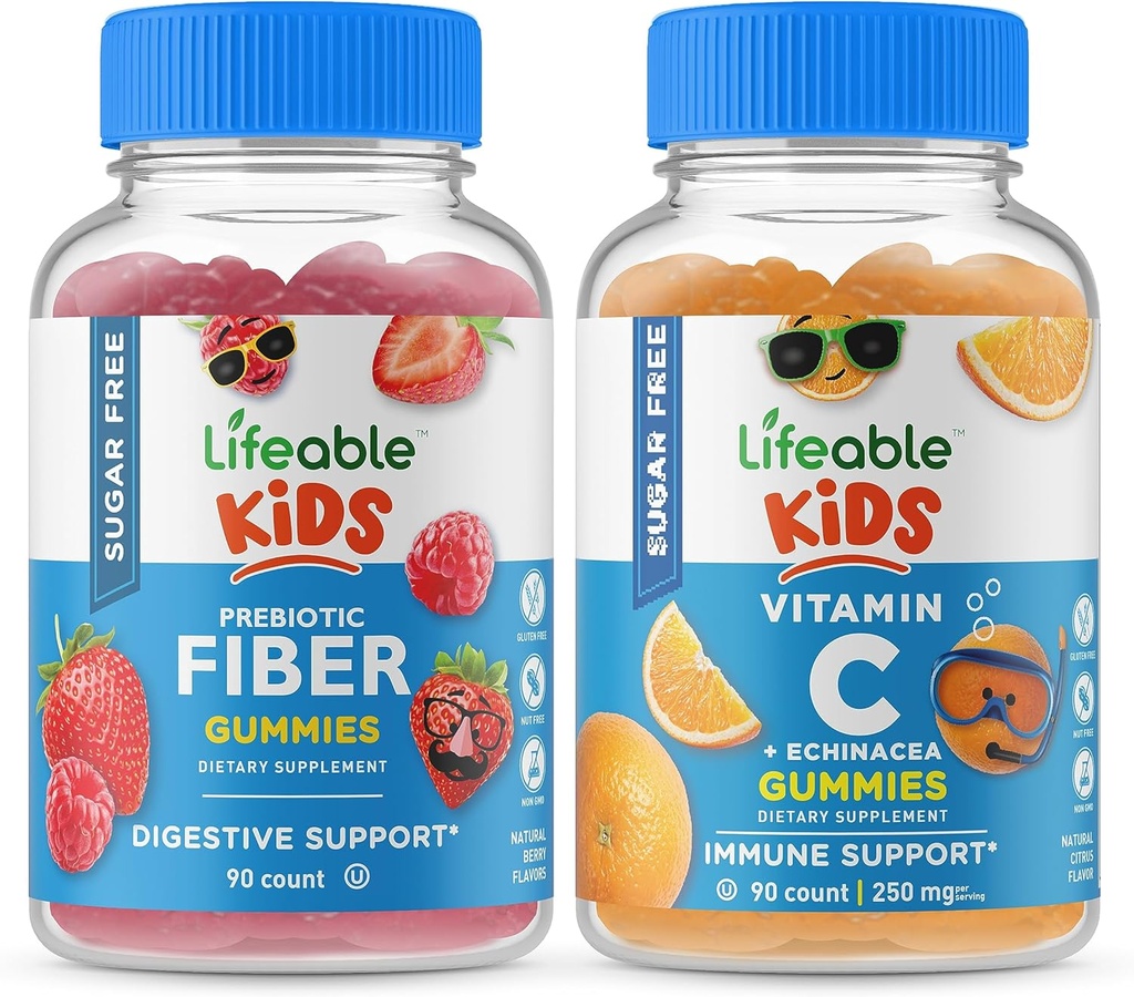 Lifeable Sugar Free Preciotic Fiber Kids + Vitamin C Kids, Gummies Bundle - Great Tasting, Vitamin Supplement, Gluten Free, GMO Free, Chewable Gummy