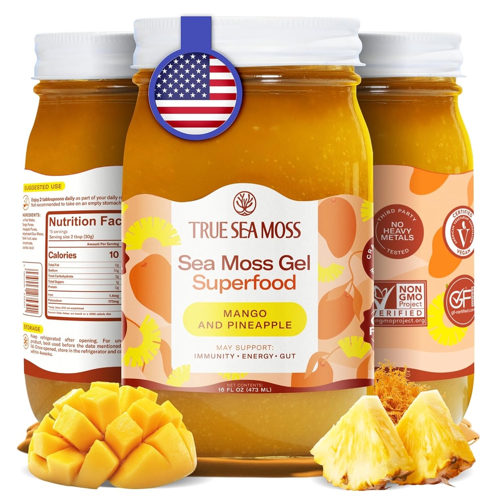 TrueSeaMoss Wildcrafted Irish Sea Moss Gel - Seamoss, Gut Health & Antioxidant Supports - Made in USA (Mango/Pineapple, Pack of 1)