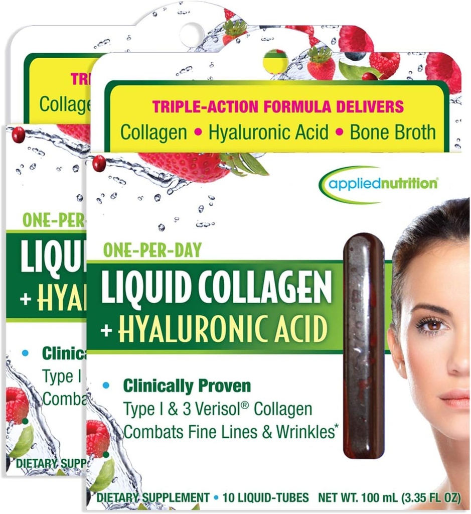 Applied Nutrition Liquid Collagen + Hyaluronic Acid - 10 Liquid Tubes, Pack of 2 - Skin & Nail Restoration - Mixed Berry Flavor - 20 Servings