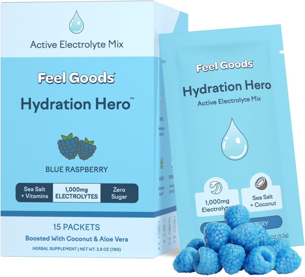 Feel Goods Hydration Hero, 1,000mg Electrolytes Powder, Sugar Free, Magnesium, Organic Aloe Vera, L Theanine, Vitamin C & B12, Keto, Vegan, Electrolyte Packets, Blue Raspberry, 15 Count