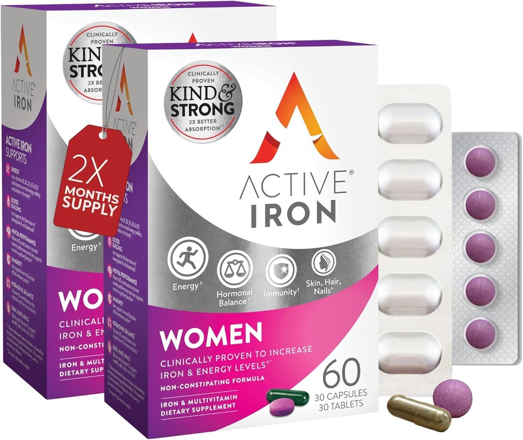 [BRSRMA32DEFQKHLA] Active Iron Supplement 25mg + Multivitamin for Women – Clinically Proven to Increase Energy & Reduce Tiredness – Gentle, Non-Constipating Iron + Women’s Multivitamin – 60 Capsules + 60 Tablets