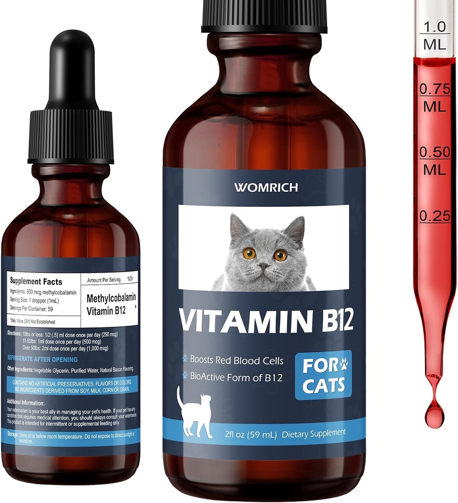 Appetite Stimulant Vitamin B12 for Cats | Methylcobalamin (Methyl B12) | Treatment of EPI in Cats Boosts Red Blood Cell Formation, Energy, Nervous System, Treats Pancreatitis | 2 fl oz