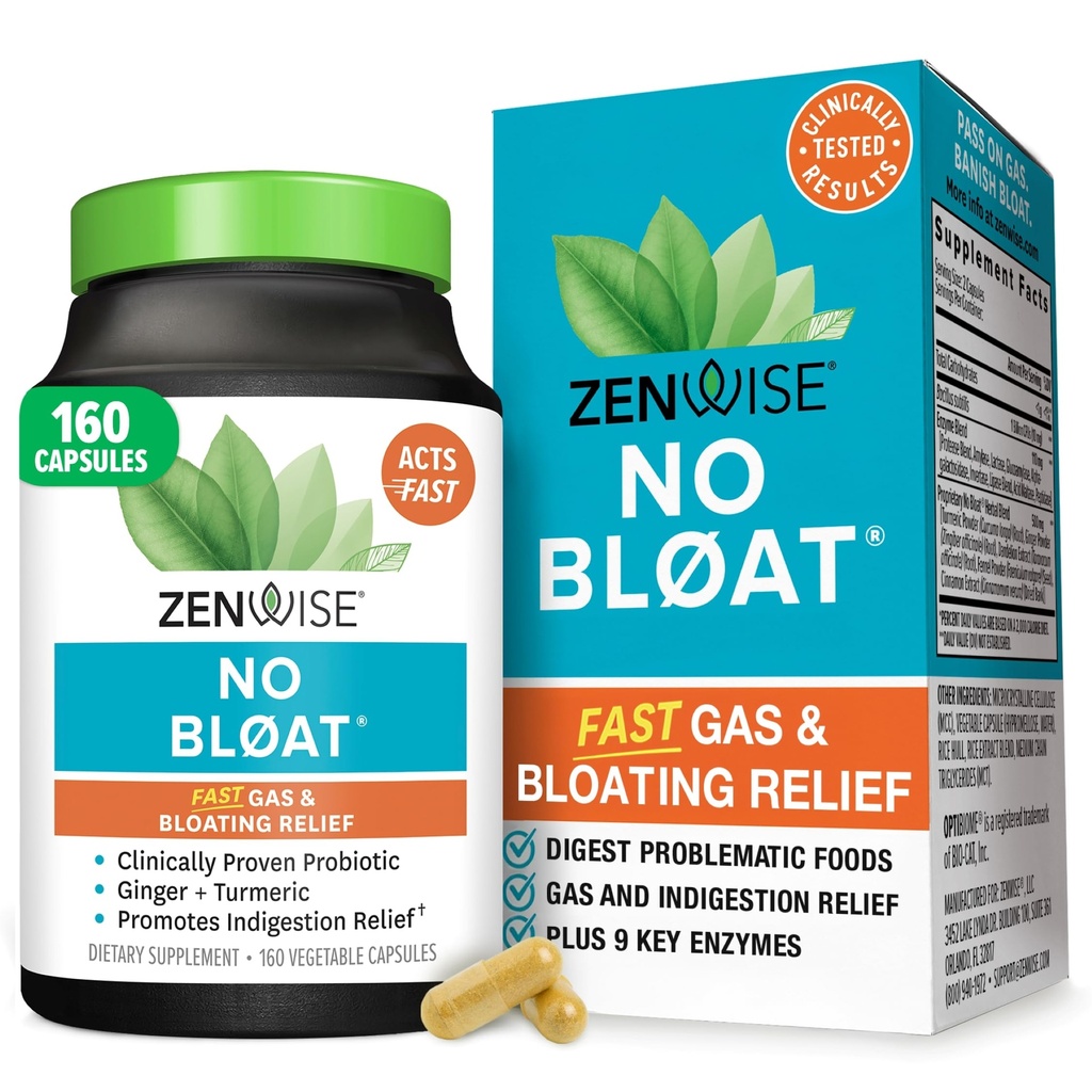 Zenwise Health No Bloat Digestive Enzymes for Gut Health, Gas & Bloating Relief - Multi Enzymes Digestion Supplement with Probiotics, Ginger, Turmeric Dandelion & Lactase - Men & Women - 160 Count
