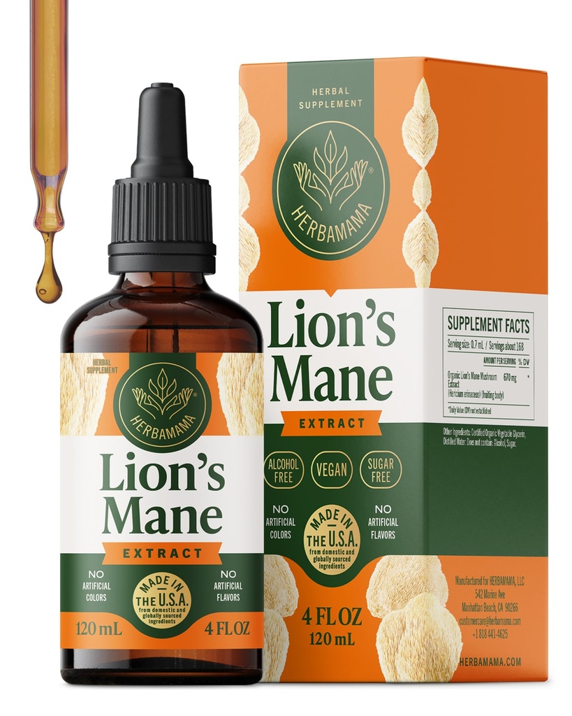 HERBAMAMA Lions Mane Mushroom Supplement – Brain Supplements for Memory and Focus – Lions Mane Tincture – Brain Health* Supplement for Adults – Vegan, Non-GMO, Alcohol & Sugar-Free, 84-Day Supply