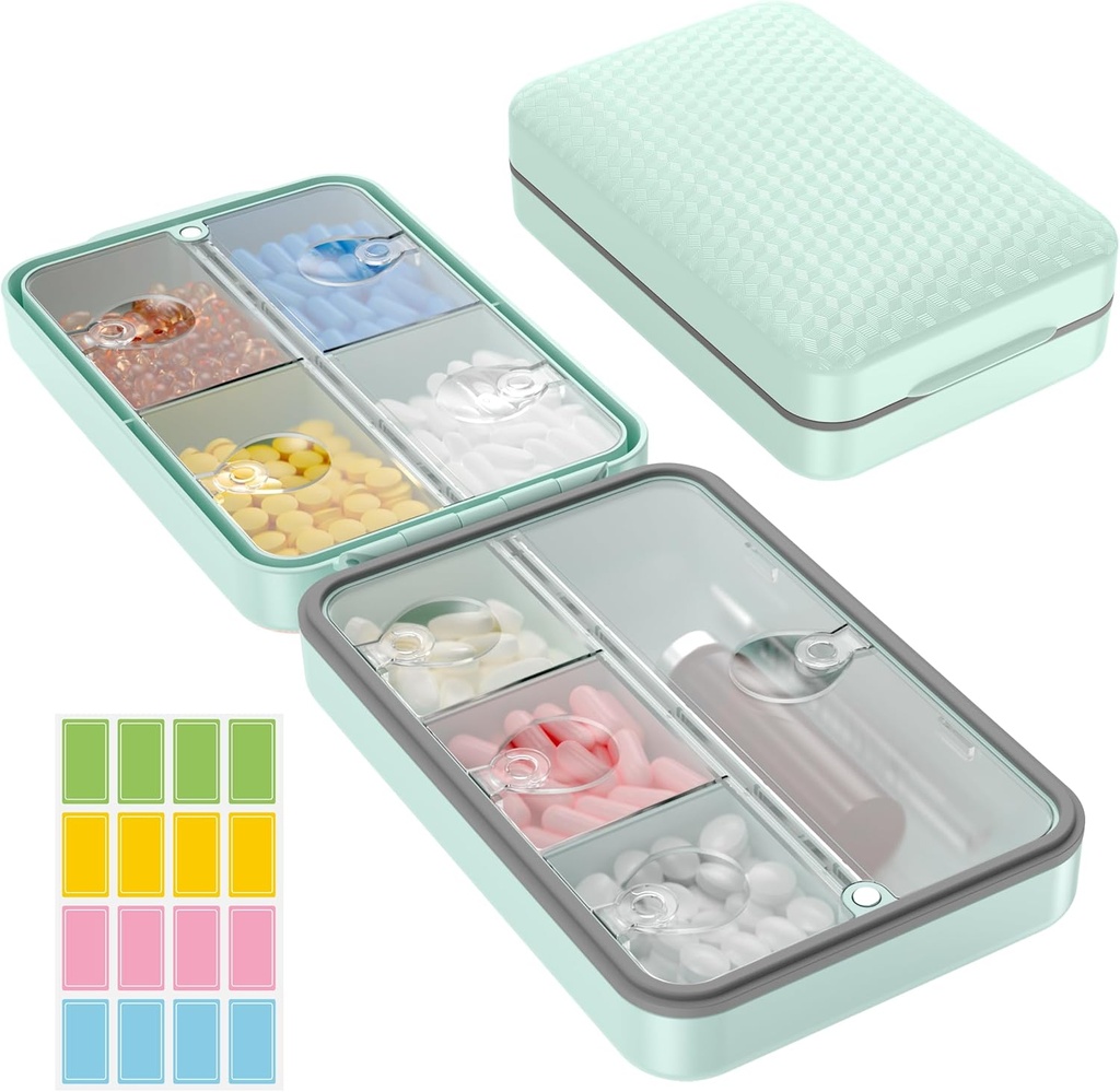 Restree Weekly Pill Organizer, Magnetic Moisture Proof Pill Case, Large Capacity Travel Pill Box with Inner Clear Lid for Vitamins, Supplements, and Daily Medications 8 Compartment (Green)