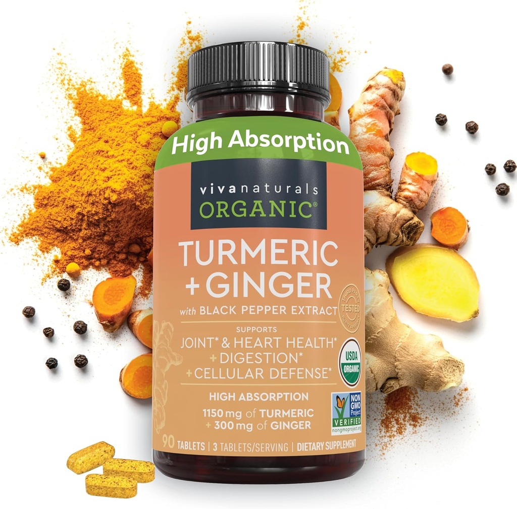 [BRSWGHD2OEMQYHI2] Viva Naturals Organic Turmeric and Ginger Supplements with Black Pepper Extract for Joint Support -1450 mg per Serving Tumeric Ginger Pills with 150 mg of Turmeric Standardized to 95% Curcuminoids