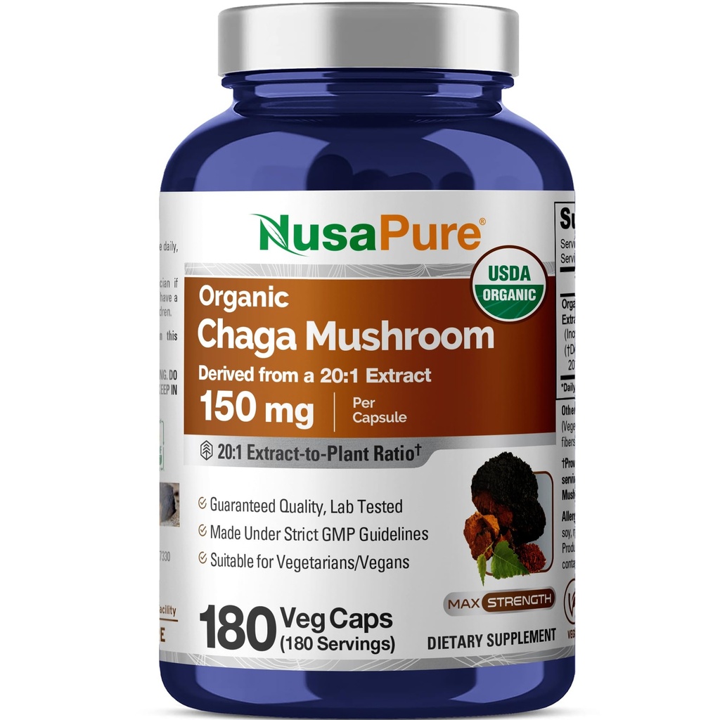 Chaga Mushroom 150mg, 180 Veggi Capsules, Non GMO, Vegan - 180 Servings | Herbal Formula, Inonotus Obliquus Mushroom Extract, USDA Organic, Suitable for Adults, Made in cGMP Registered Facility USA