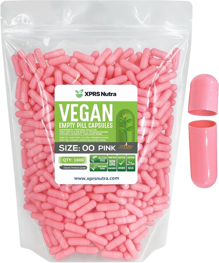 XPRS Nutra Size 00 Empty Capsules - 1000 Count Empty Vegan Capsules - Vegetarian Empty Pills - DIY Vegetable Capsule Filling- Veggie Pill Caps (Pink)