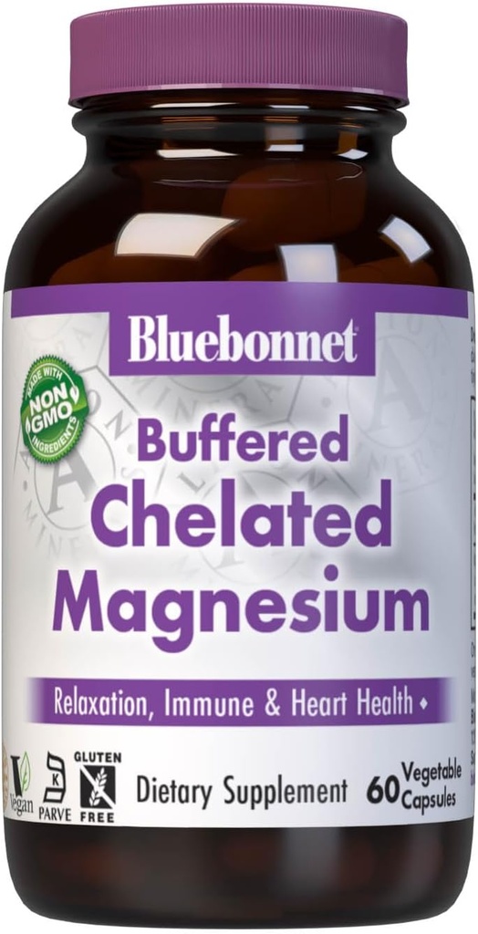 Bluebonnet Nutrition Albion Buffered Chelated Magnesium 200 mg, Magnesium Oxide, Stress Relief, Vegan, Non GMO, Gluten Free, Soy Free, Milk Free, Kosher, 60 Vegetable Capsules, 1 Month Supply