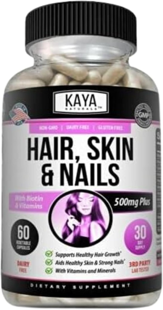 Kaya Naturals Hair Skin Nail Capsules BIOTIN Vitamin D Vitamin B-12 A Folic Acid Support, Hair Support Vitamin Supplement