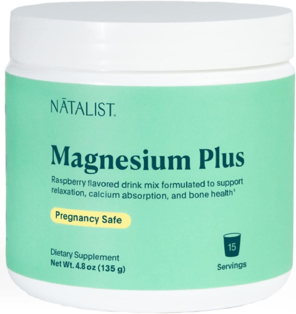 NATALIST Magnesium Plus 300 mg Drink Mix with Calcium & Vitamin D3 - Complete Whole Body Replenish & Relax Supplements for Women - Vegetarian, Gluten-Free Raspberry Flavor Powder - 15 Servings
