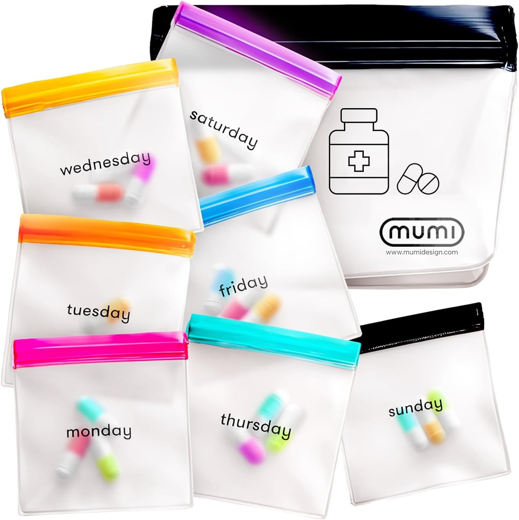 MUMI Pill Pouch Set, 7 Mini Zipper Pouches for Pills, Small Pill Bags, Reusable Pill Pouches for Medicine Travel, Pocket Pill Organizer, Purse Accessories, Vitamin Organizer