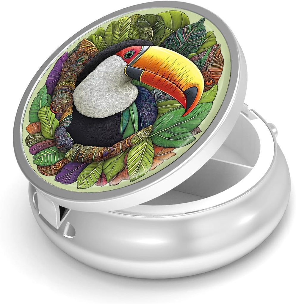Pill Box-3 Compartment Small Pill Case for Purse & Pocket Mini Metal Pill Holder Travel Pill Container to Hold Supplements Vitamins BPA-Free (Toucan)