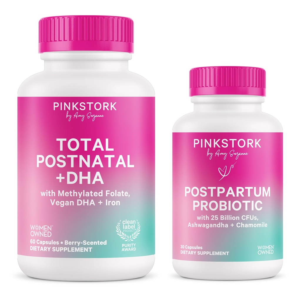 Pink Stork Postnatal Multivitamin + Probiotics with Vegan DHA, Ashwagandha, Iron, Folate, B12 - Supports Hormone Balance, Postpartum Recovery, Gut Health, & Digestion - Pack of 2