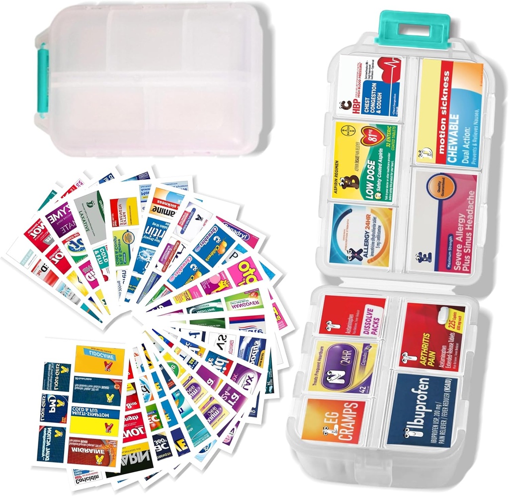 Large Pill Organizer with Medicine Labels - 7 Day Travel Daily Container, Mini Medication Storage Case (White, 161 Labels)