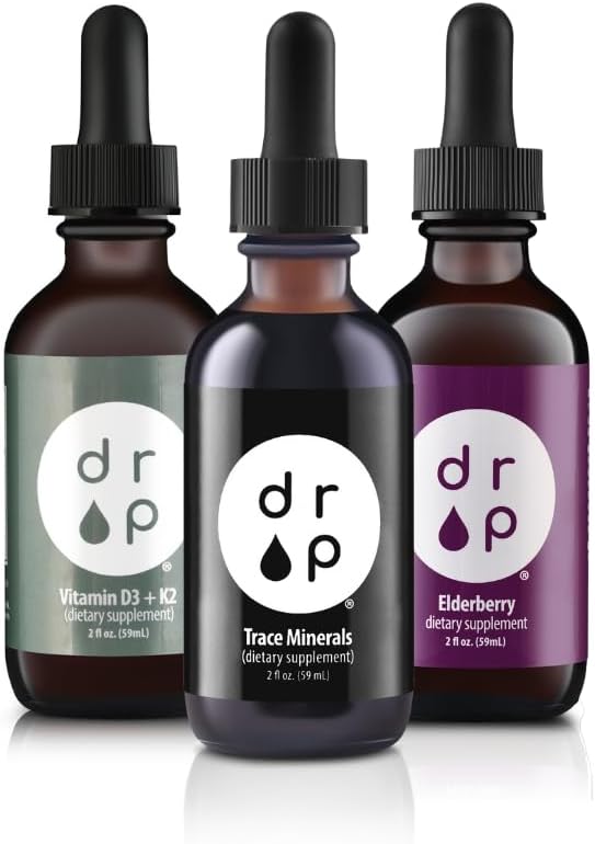 Drop Supplements Organic Trace Mineral Drops, Elderberry Drops and Vitamin D3+K2 Drops Bundle