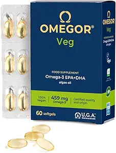 Vegan Omega 3 Supplement OMEGOR Veg - Algae Oil Omega 3 with 250mg EPA and 125mg DHA with Vitamin E - Vegan Society and IFOS Certified (60 Caps)