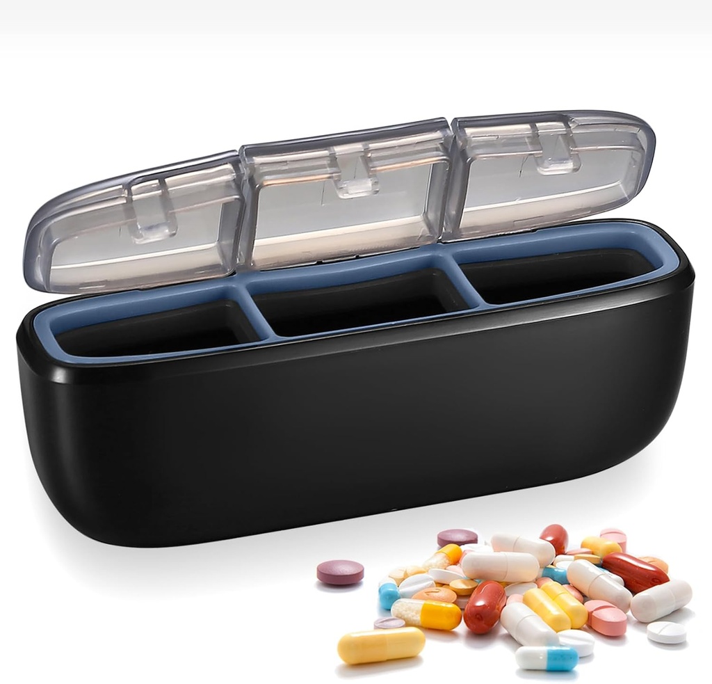 3 Compartment Waterproof Travel Pill Organizer, Portable Pill Box for Outdoor Travel Camping, Holder for Vitamins, Pills, Fish Oil, Supplements, Supplements (Black)