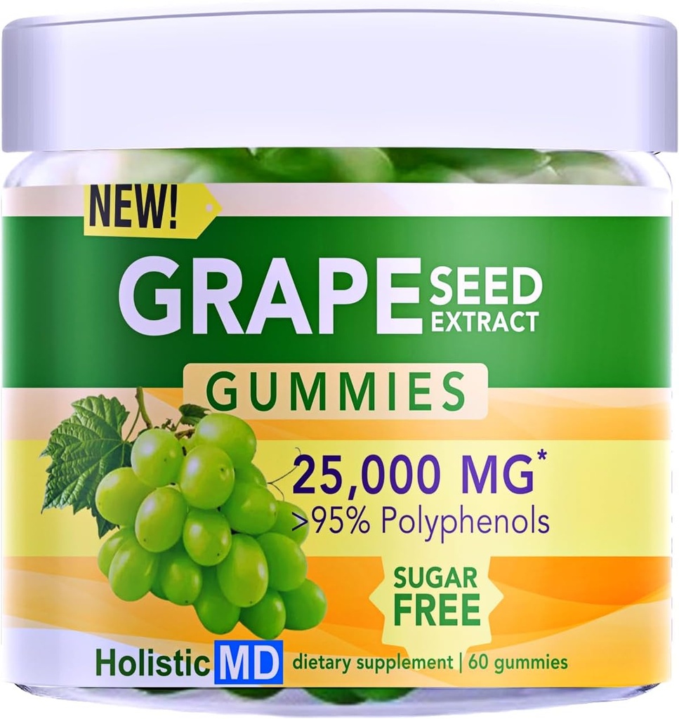 Grape Seed Extract Gummies | Grape Seed Oil 25,000 mg 50x Original | >95% Polyphenols | #1 Grape Seed Gummies in USA | Sugar Free Vegan | Grape Flavor 60 ct