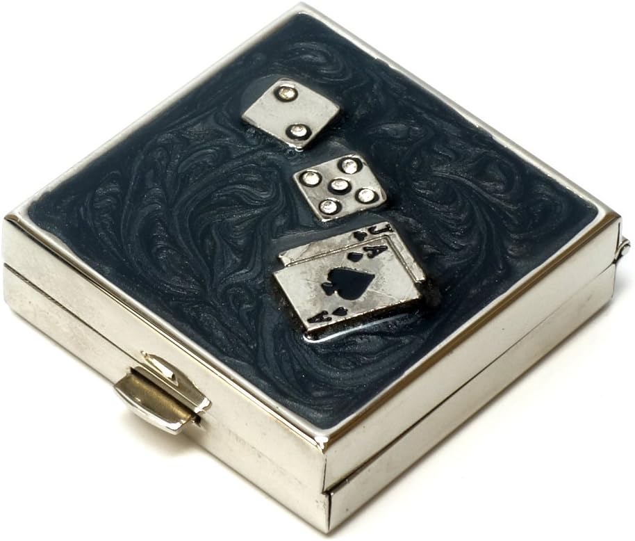 9339 Square Small Pill Box Organizer Black Silver Casino Dice & Cards Women Travel Pill Case Purse Pocket Container Daily Portable Medicine Vitamin Box Medication Supplement Mini Storage