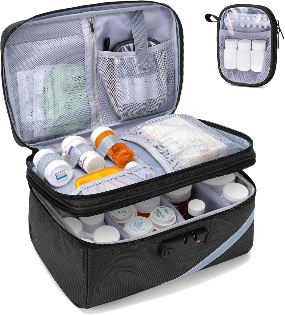 Trunab Medicine Storage Bag with Combination Lock, Lockable Pill Bottle Organizer, Travel Medication Carry Case for Medicine Box, Prescription, Vitamins, Supplements or Medical Supplies