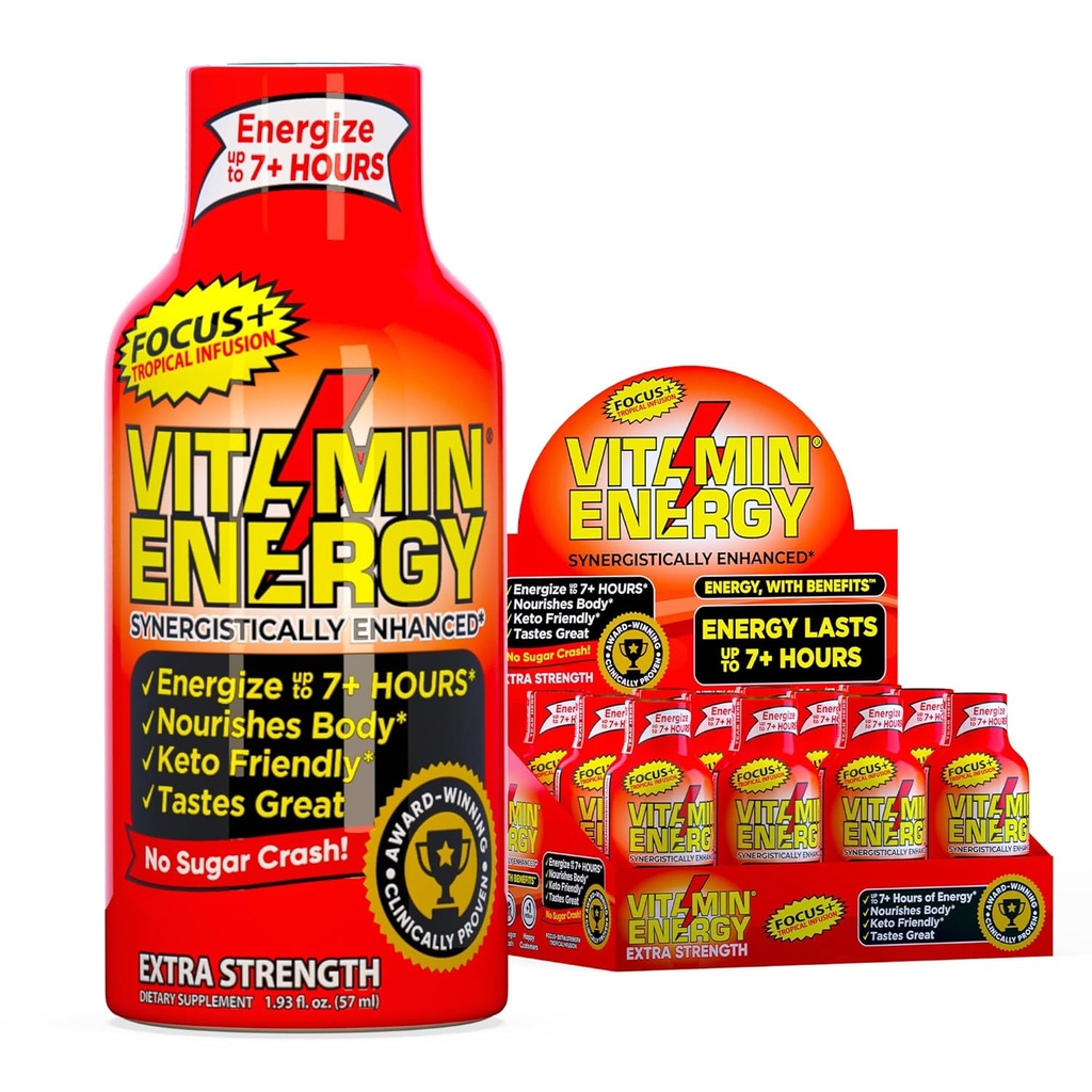 (12 Pack) VitaminEnergy™ Keto Energy Shot, Focus+, Zero Sugar Energy Shot Vitamin Drink, Energy Lasts up to 7+ Hours, Packed with BCAAs & COQ10, Keto-Friendly, 0 Sugar, Focus+, 1.93 fl oz.
