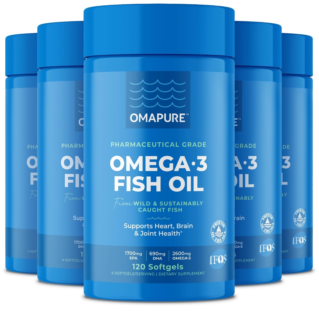 OMAPURE Fish Oil Supplements with Omega 3 Fatty Acids (5 Bottle, 120 Softgels) - High EPA, DHA, & IFOS Fish Oil Pills Support Heart & Joint Health - Burpless - Promotes Brain Function