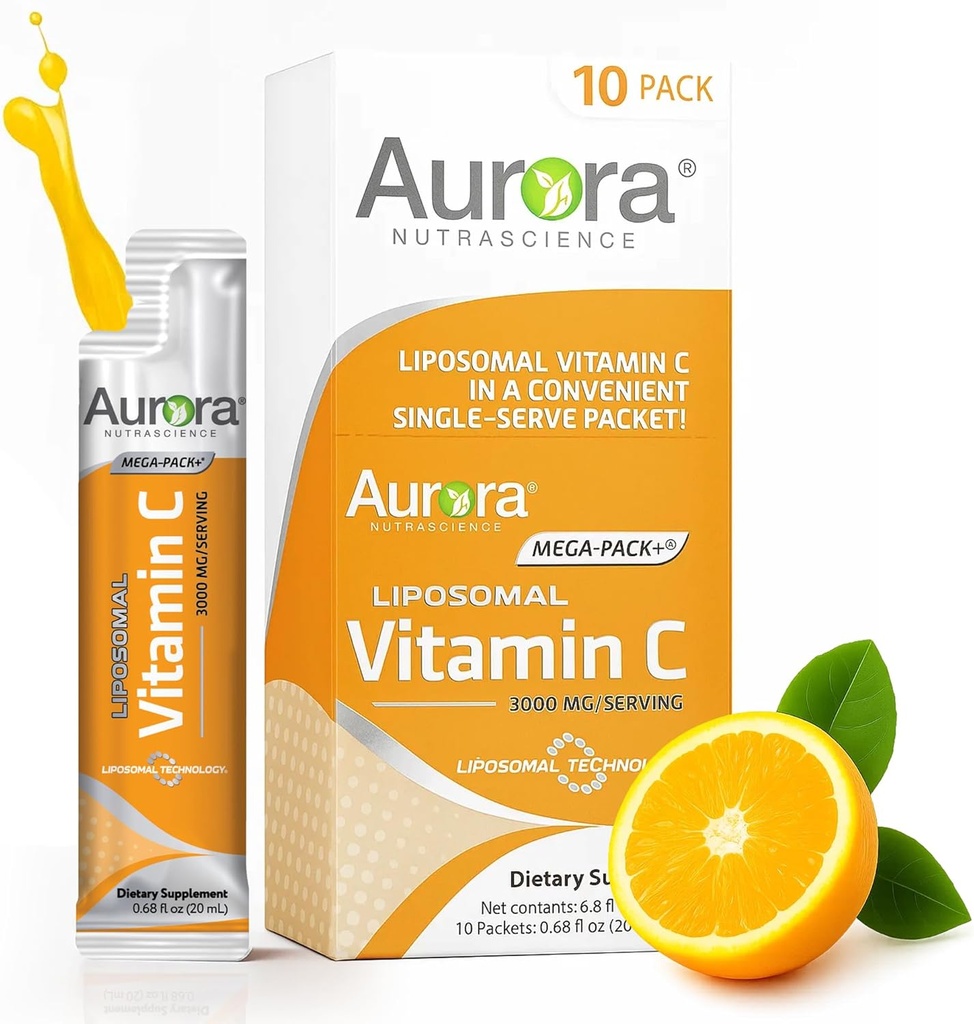 Aurora Nutrascience Mega-Pack Liposomal Vitamin C, Immune Support, 3,000 mg Per Serving, Vegan, Gluten Free, Non-GMO, 10 Single Serve Packets, Orange