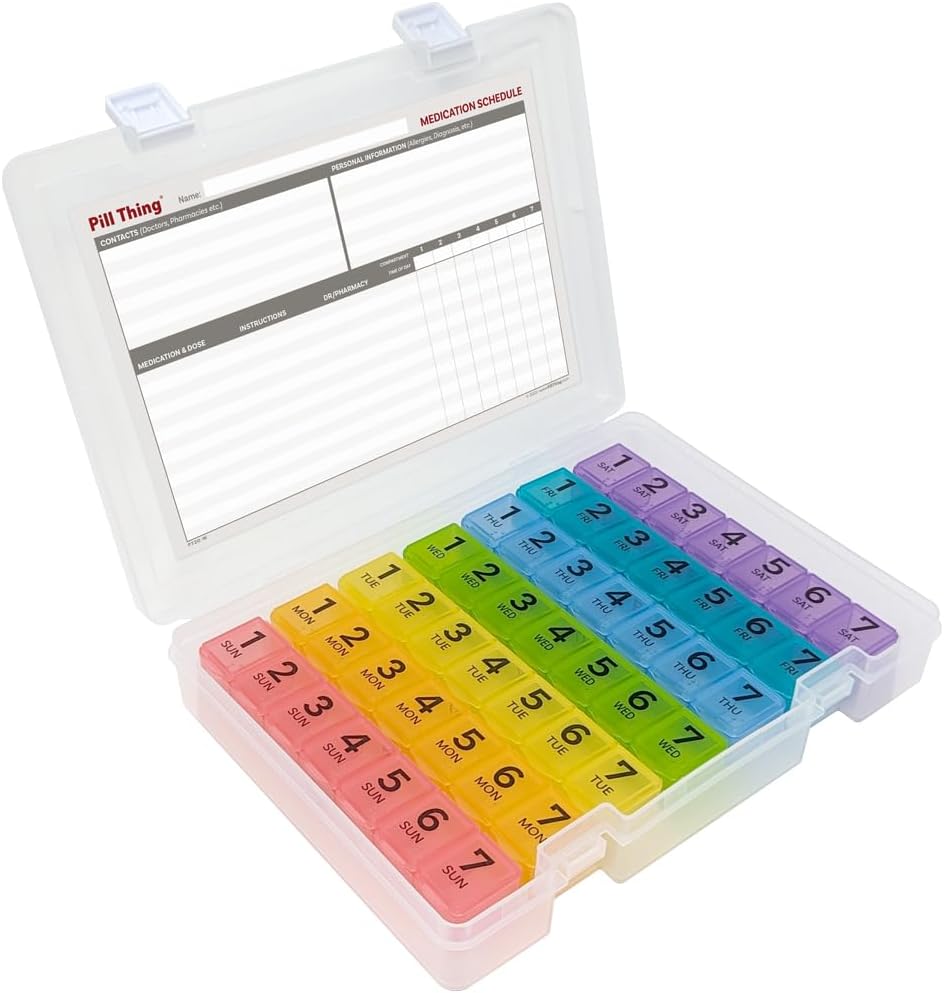7 Times a Day Weekly Pill Box Organizer Case, Secure 7X Pillbox with Medication Schedule, Includes Premium Lifetime Subscription to Medisafe App (7 Time-a-Day)