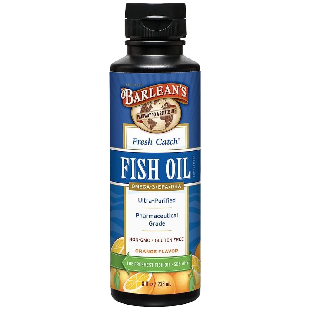 Barlean's Omega 3 Fish Oil Liquid Supplement, 1262mg EPA and DHA Fatty Acids, Non-GMO and Gluten Free, Orange Flavor, 8 oz