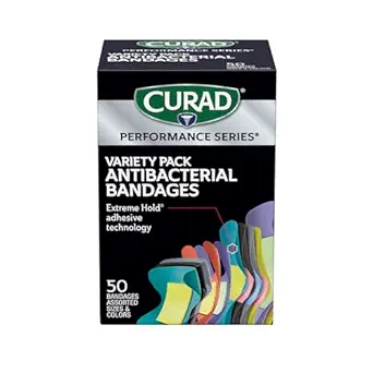 CURAD Performance Series IRONMAN Antibacterial Bandages, Extreme Hold Adhesive Technology, Finger & Knuckle Bandages, Flexible Fabric, Variety Pack with Assorted Sizes & Colors, 50 Count