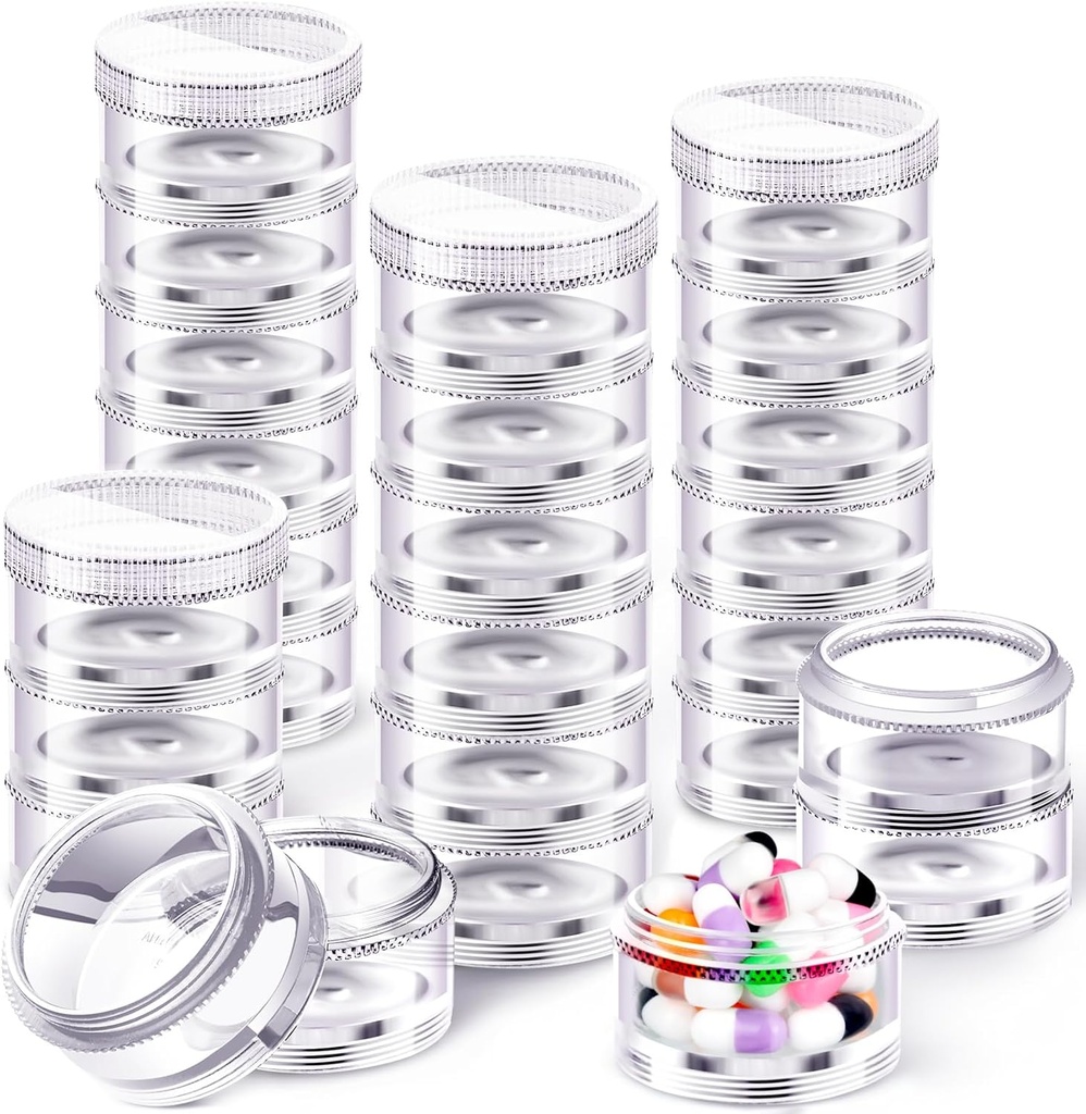 Sieral 4 Pack 7 Day Stackable Pill Organizers Round Pill Organizer Case Stackable Weekly Supplements Vitamins Individual Storage Containers Boxes Holder Dispenser with Lids for Travel Medicine, Clear