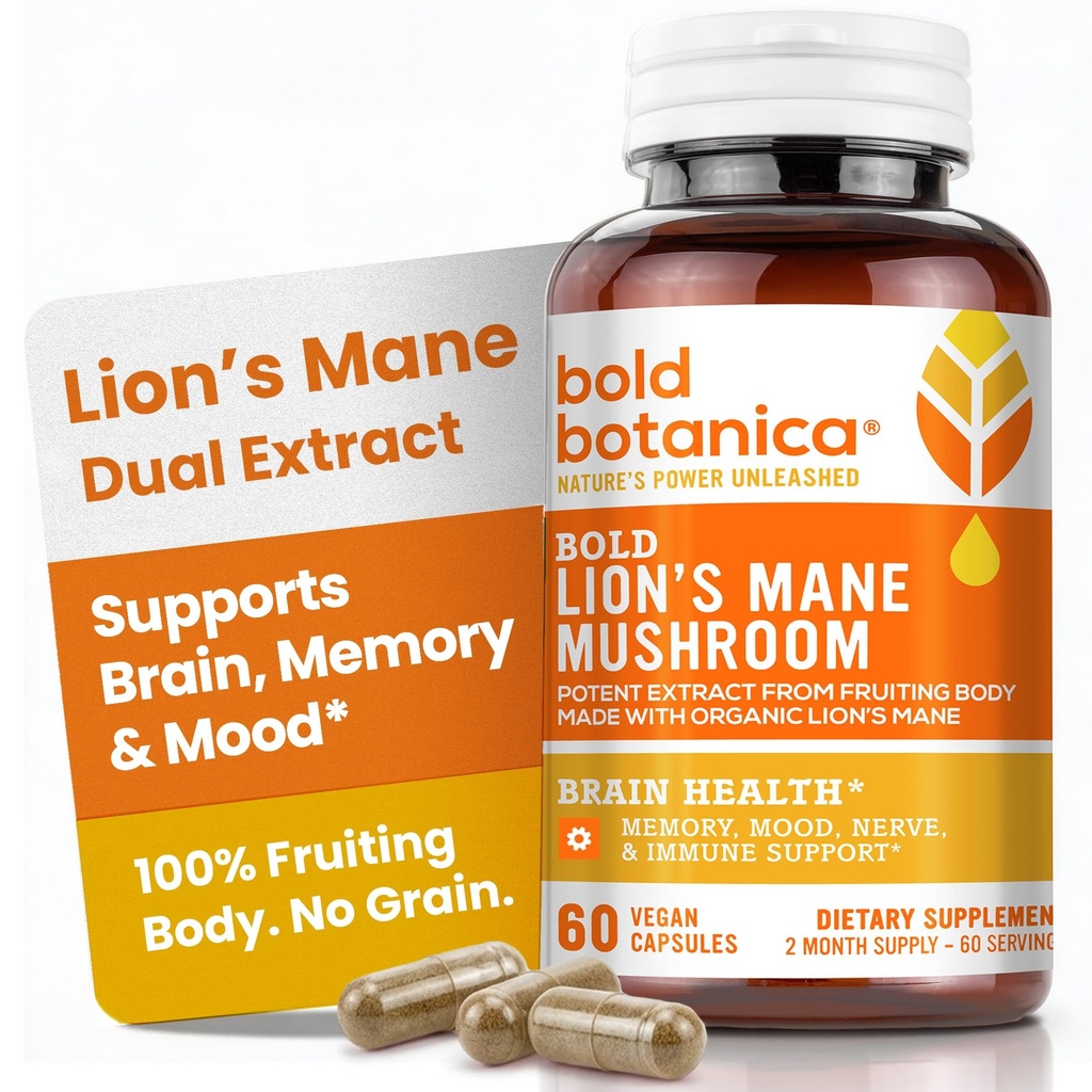 Bold Botanica Organic Lions Mane Supplement Capsules - 100% Fruiting Body Dual Extract - 115mg Beta-Glucans - Lion’s Mane Mushroom Extract for Brain, Memory & Mood, Immune Support - 60 Vegan Capsules
