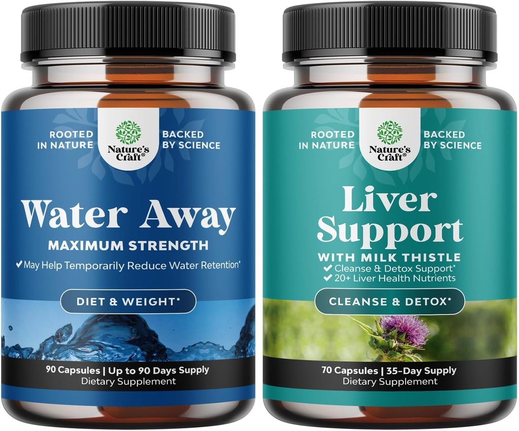 Bundle of Water Away Pills Maximum Strength - Herbal Diuretic Pills for Water Retention for Fast Acting Bloating Relief and Liver Cleanse Detox & Repair Formula - Herbal Liver Support Supplement