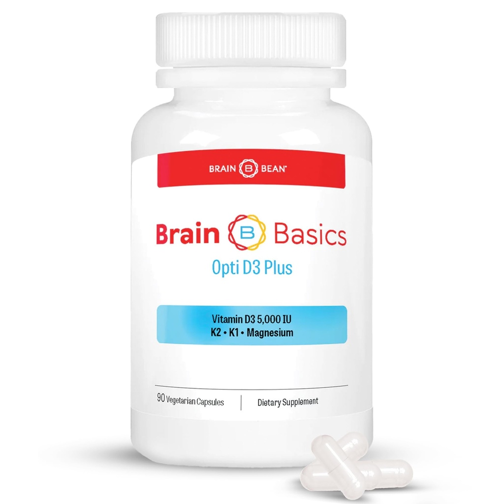 Brain Basic Opti D3 Plus - Vitamin D3 5000 IU with K1, K2, and Magnesium - Brain Support Supplement for Mood, Mind, Memory - Bone, Muscle, and Immune Health - Gluten Free, Soy Free, and Dairy Free