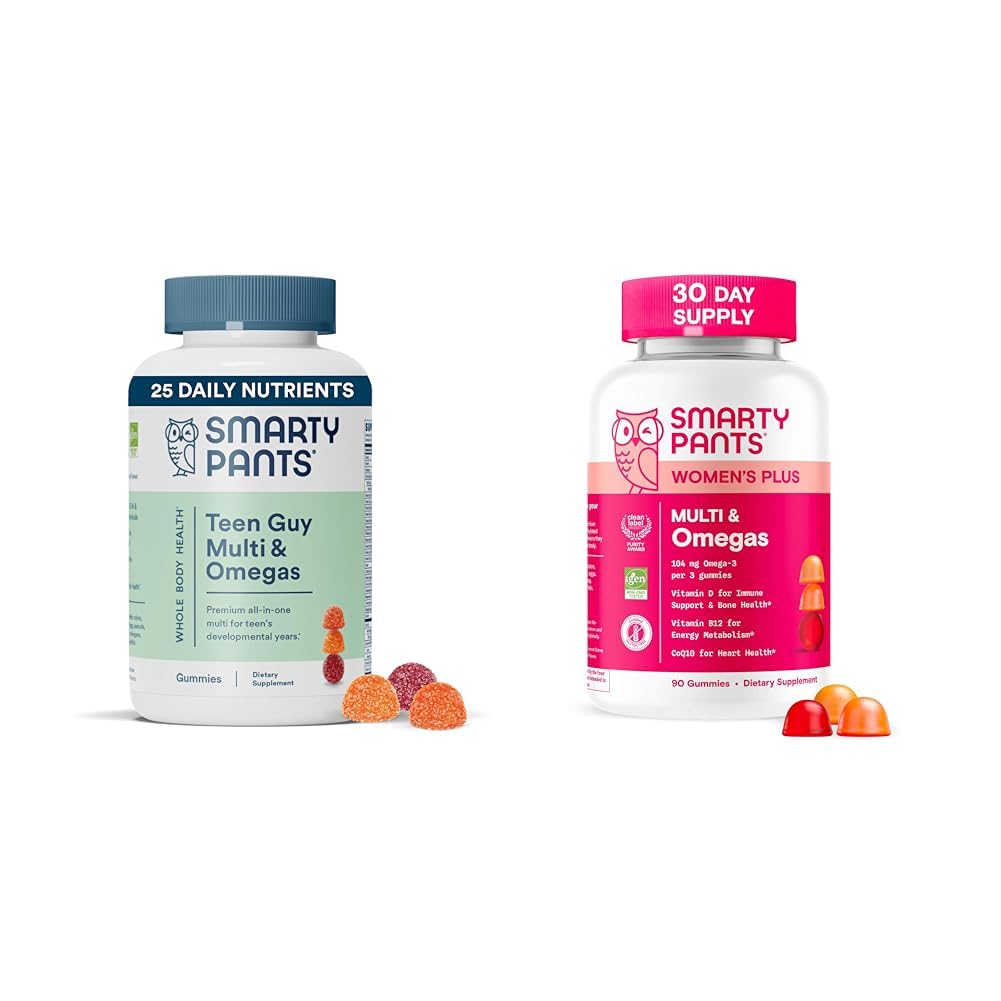 SmartyPants Women's and Teen Guy Multivitamin Gummies Bundle: Omega 3 (DHA/EPA), Methylfolate, CoQ10, Vitamin D3, C, Vitamin B12, B6, Vitamin A, K & Zinc, Gluten Free (30 Day Supply)